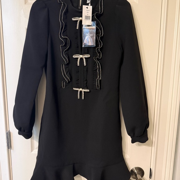 Self-Portrait Black Long-Sleeve Ruffle Dress with Pearl Bow Accents